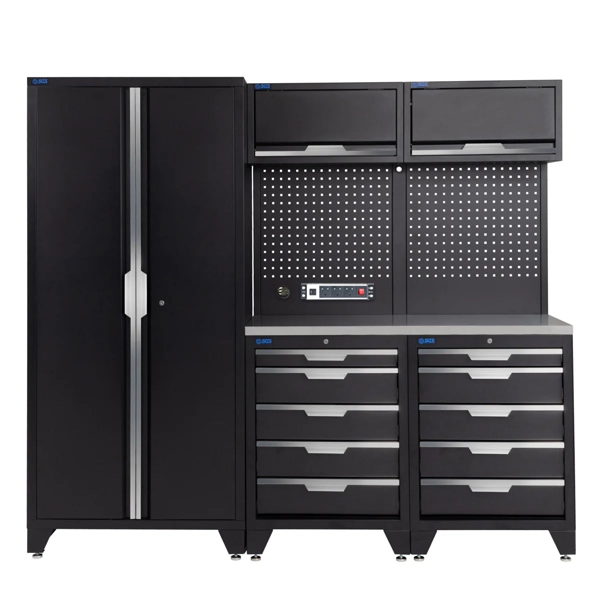 SGS 7pc Garage Storage System | 10 Drawers | Stainless Steel Worktop | 2x Upper Cabinets | Tall Double Cabinet | Pegboard with Power Strip